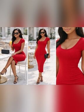 Coco Shay Red Bodycon Midi Dress Size Small | Fitted Stretch Short Sleeve